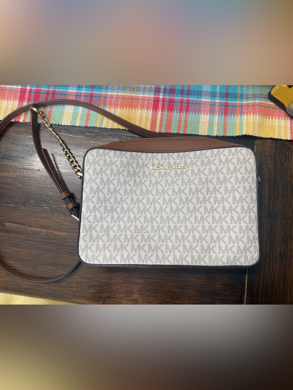 Michael Kors Jet Set camera crossbody bag in white and acorn monogram canvas